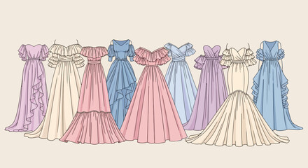 Collection of elegant long evening dresses and gowns in various pastel colors, in bright studio. © Rifki