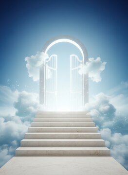 Celestial marble stairs leading to open white gates in a bright blue sky surrounded by soft clouds, a serene spiritual background for religious and conceptual themes