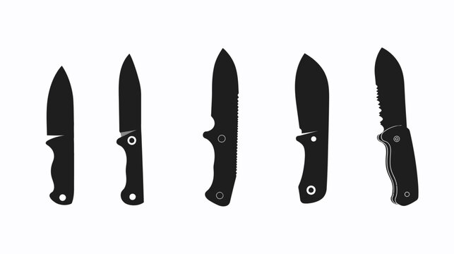A set of five stylized knives with distinct blade and handle designs in black silhouette