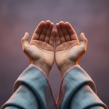 Close up of hands raised in supplication and prayer with palms open during spiritual meditation for religious app guide or wellness concept background