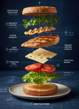 Exploded diagram of a chicken sandwich with floating ingredient layers on a dark blueprint background for food engineering and recipe design concepts