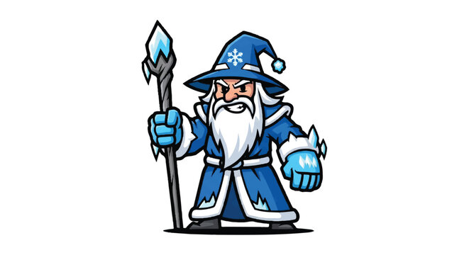 Cartoon wizard with ice staff and snowflake hat illustration