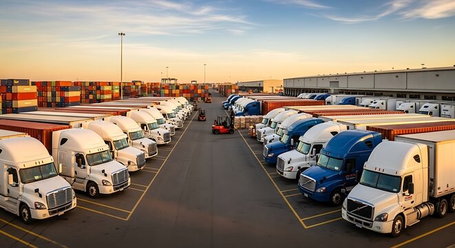 Semi Trucks Parked in Logistics Yard.