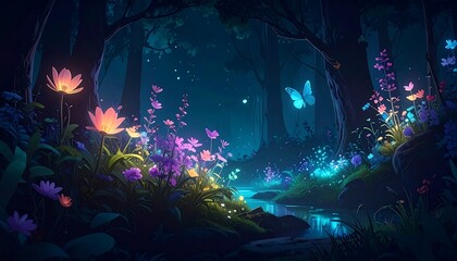 Fototapeta premium A vibrant, mystical forest scene with glowing flowers and a butterfly