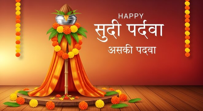 Colorful Hindu festival decoration with orange and yellow flowers on transparent background