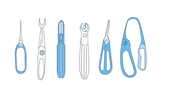 Blue and white line art depicting various surgical instruments against a stark white backdrop