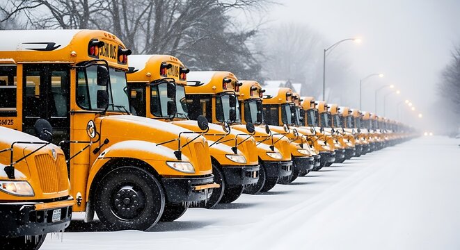 Rows of yellow buses parked along a snow-covered street in winter. Foggy atmosphere