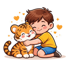 Fototapeta premium Baby Tiger and Child Friendship Cartoon, Cute Animal Vector Illustration, Bold Outline