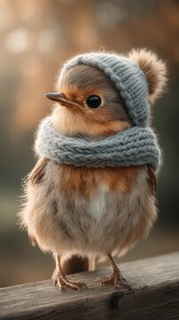 A small bird wearing a gray knitted hat and scarf standing on a wooden surface outdoors in winter