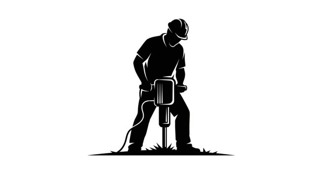 Silhouette of a construction worker using a jackhammer on a job site.