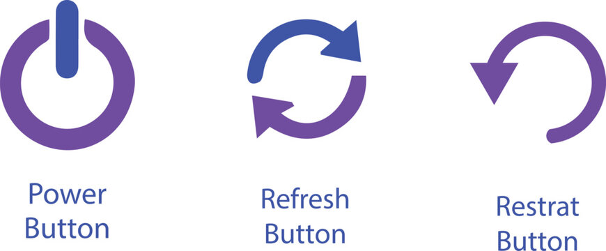 Set of purple flat icons featuring power button, refresh arrows, and system restart symbol for user interface design