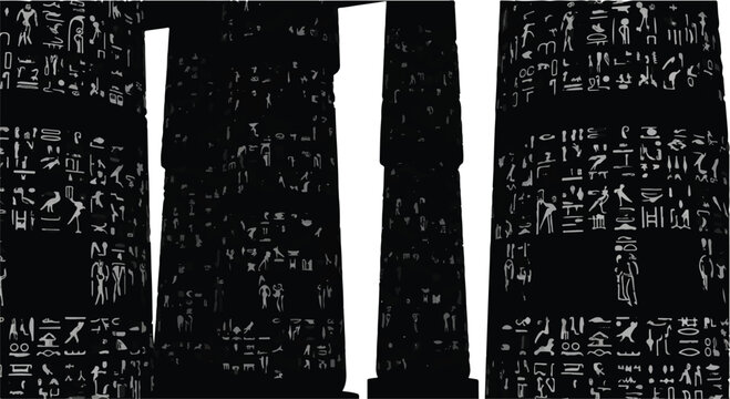 Ancient hieroglyphs cover monumental stone obelisks in a dramatic, dark scene.