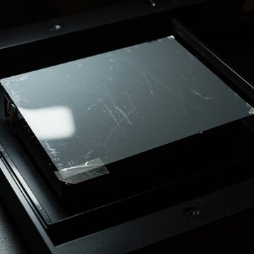 Vintage film negative lying on professional scanner bed for digitization with weathered textures and silver halide details for archival and design assets