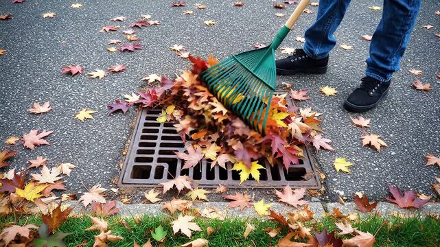 Person raking colorful autumn leaves into a street storm drain