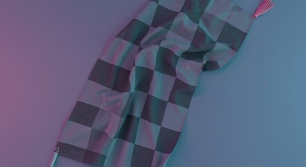 Fototapeta premium Checkered racing flag rippling over a lilac surface with pink glow for automotive sports branding and contemporary competition marketing projects with copy space