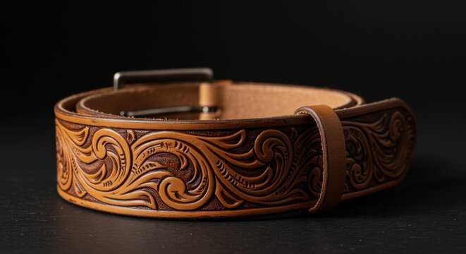 Hand-tooled leather belt with western scroll patterns displayed on a charcoal surface for leather goods advertising featuring rustic craft heritage details and textures