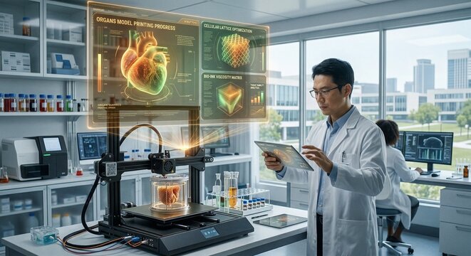 Male biotech researcher interacting with a complex bio-3D printer and layered holographic data visualizations in an advanced tissue engineering lab at daylight