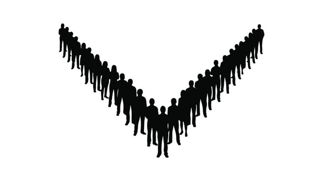 A diverse group of people forming a V shape, symbolizing unity and direction.