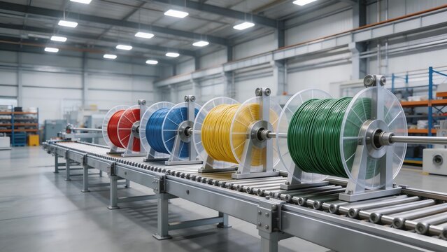 Colorful cable spools on conveyor in factory