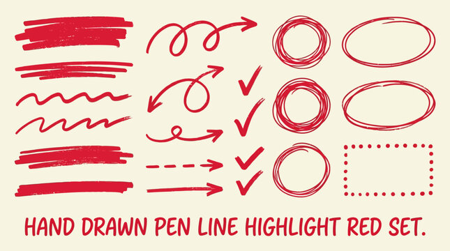 Hand drawn pen line highlight red set. Line red hand drawn pen marker stroke underline, arrow, check mark emphasis. Round oval, circle scribble frame, arrow elements . Vector illustration