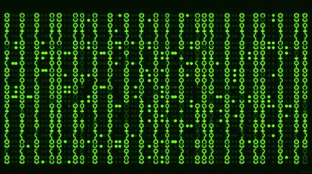 Green digital rain cascades down black background. Matrix style code streams vertically, creating visual effect. Futuristic, dynamic display.