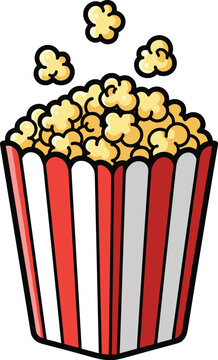 Cartoon popcorn container with striped bucket overflowing kernels playful design vector illustration representing cinema snack branding fun entertainment freshness
