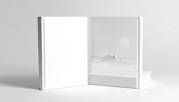 A white book with one page turned to reveal a grayscale landscape