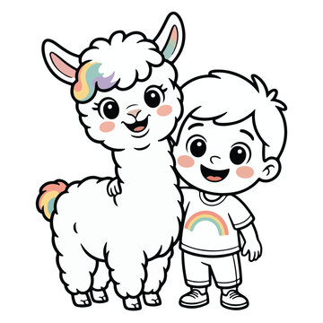 Happy Sheep and Child Rainbo Cartoon Illustration, Cute Farm Animal Design,Flat Vector Illustration, Cute Kids Graphic Design ,T-shirt