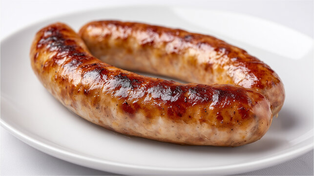 皮がパリッと張った食欲をそそる焼き目の2本のジューシーなグリルソーセージ