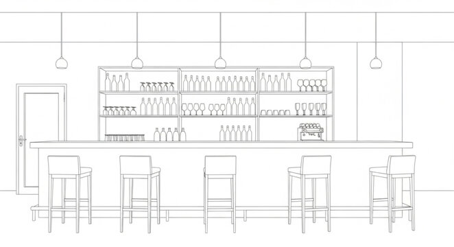 Sketch of a bar interior with stools and shelves.