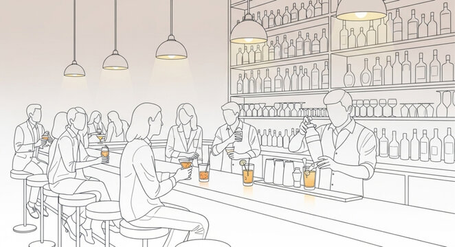 Sketch of a bar scene with people enjoying drinks.