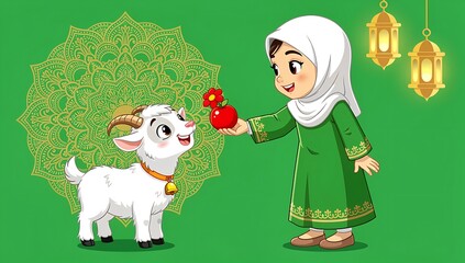 Naklejka premium Eid Al-Adha A cartoon girl in a green dress and white hijab offering an apple to a smiling white goat with a yellow mandala and lanterns in the background