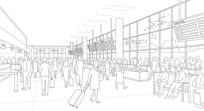 Sketch of a bustling airport terminal with travelers and luggage.