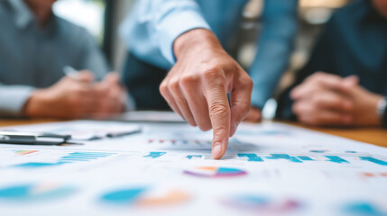 Fototapeta premium man points to a business chart on a table in a meeting with colleagues