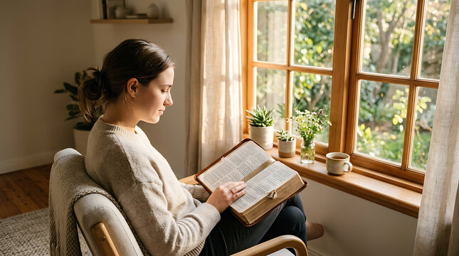 Young woman reading a book by the window with natural light and plants