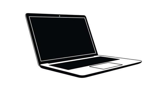 A sleek modern laptop is depicted in a stark black and white silhouette