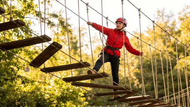 Person crossing rope bridge in forest