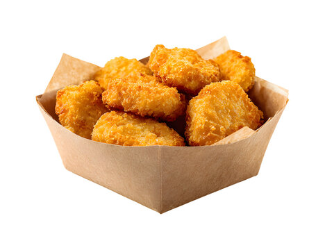 Crispy golden chicken nuggets in a brown paper box isolated on transparent background