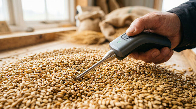 Hand Holding Temperature Probe Over Grain Pile in Agricultural Setting for Analysis