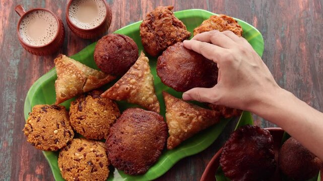 Assorted Kerala snacks Ulli vada spicy onion fritters  Parippu Vada or Paruppu Vadai made with toor dal Samosa crunchy triangular shaped wraps Neyyappam bonda and milk tea undampori. 
