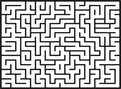 Black and white maze, complex labyrinth, puzzle illustration, vector graphic