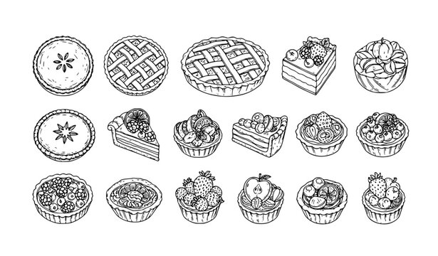 SEO Title
Hand drawn fruit tart and pie outline collection bakery dessert line art vector isolated on white background