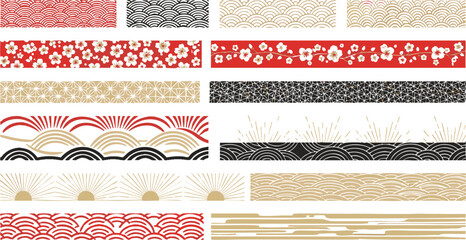 Japanese Traditional Washi Tape Border Patterns with Sakura and Seigaiha Wave Designs © rofikgraph24