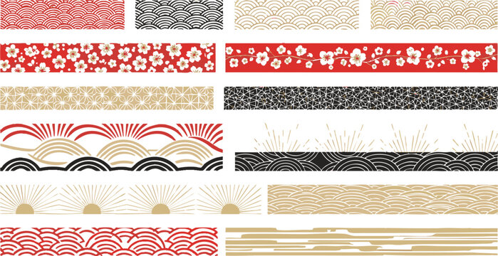 Japanese Traditional Washi Tape Border Patterns with Sakura and Seigaiha Wave Designs