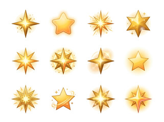 Obraz premium Golden starburst effects, shining stars, sparkles, explosions, glowing light, abstract, decorations, icons, elements, on white background, cinematic, magical, festive, bright, vibrant, color