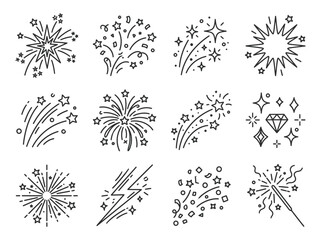 Obraz premium Collection of various black line art firework explosion icons with stars and sparkles in different shapes and styles on white background, simple hand-drawn festive designs