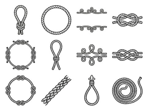 A detailed collection of various nautical knots and rope designs in a line art style on a white background for crafting and sailing concepts