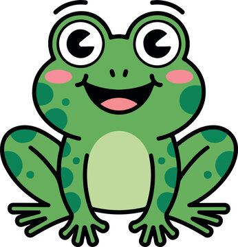 Cute smiling frog flat vector illustration in simple children style with adorable cartoon character isolated on white background