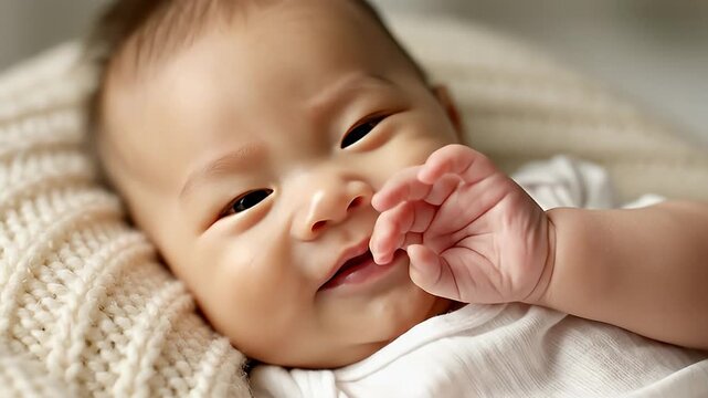 Adorable Baby Smiling Close Up Portrait on Cozy Blanket
