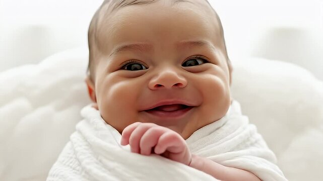 Close up of adorable newborn baby wrapped in white blanket looking at camera